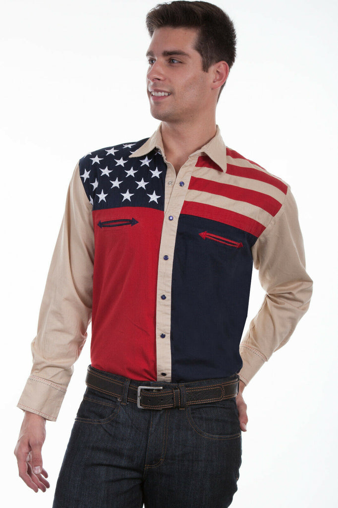 Scully Western Big Men's 100% Cotton L/S American Flag Western Shirt P-756X