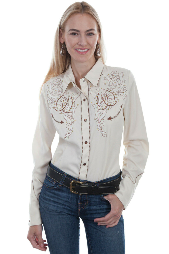 Scully Women's Poly/Rayon Horseshoes Long Sleeve Western Blouse PL-873