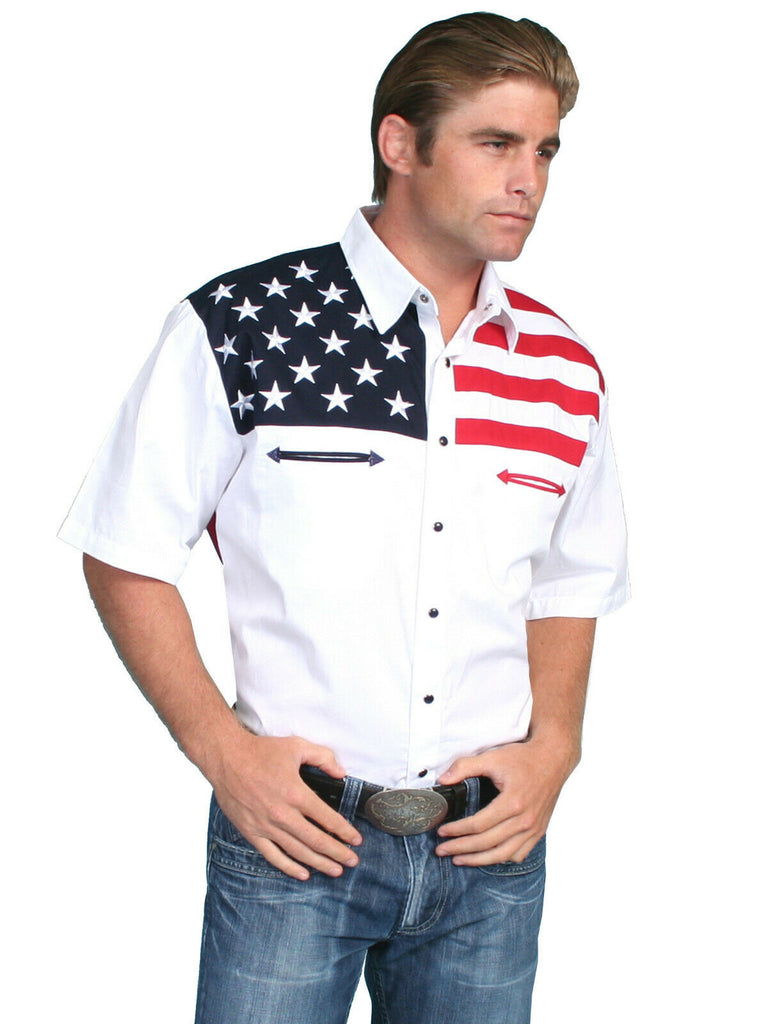 Scully Western Men's Cotton Short Sleeve American Flag Western Shirt P-756SS