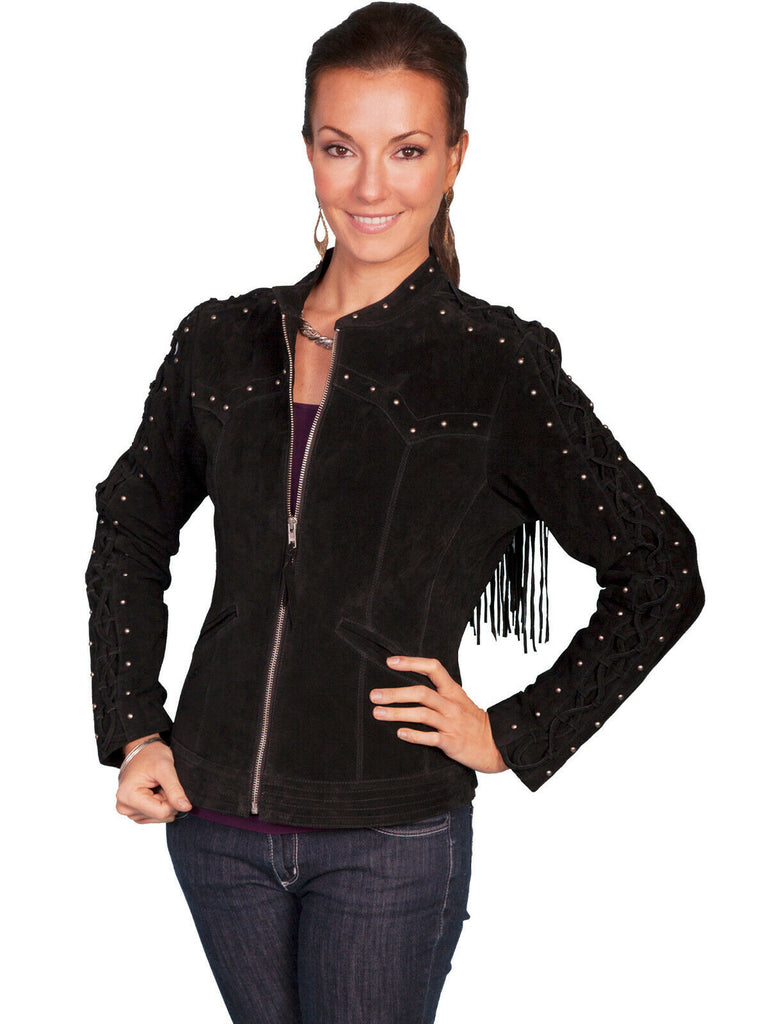 Scully Leather Women's Fringe Lace Sleeves Studded Boar Suede Jacket L658