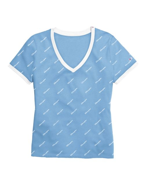 Champion Women's Heritage V-Neck Ringer Tee, All-Over Logo W4915
