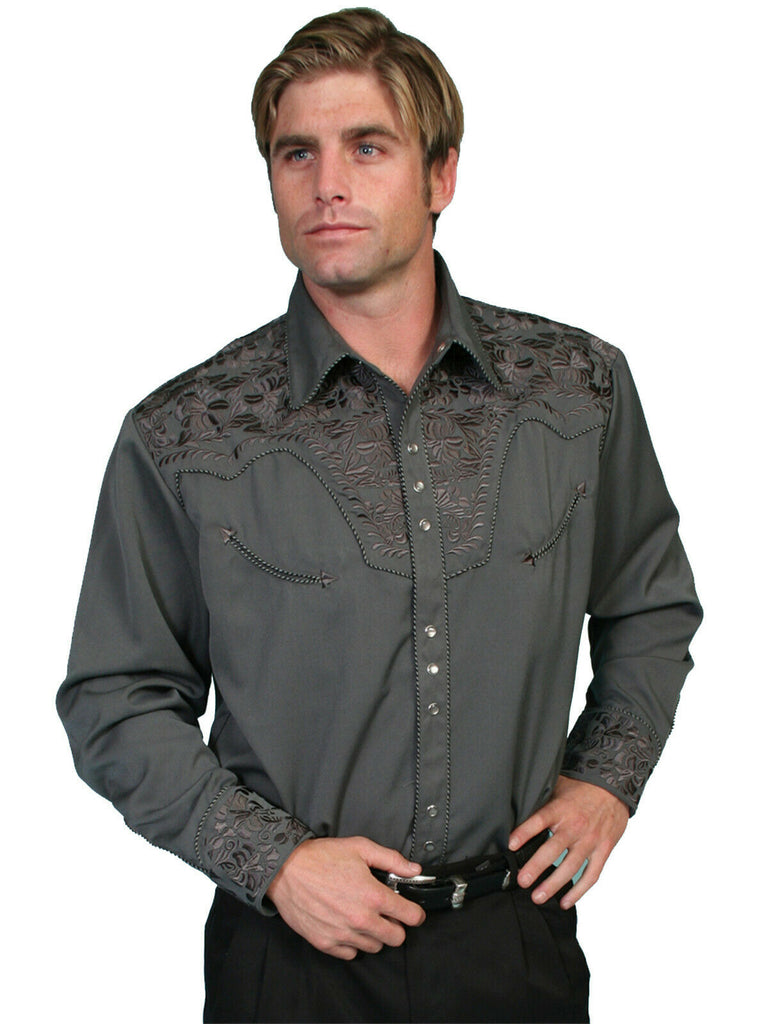 Scully Men's Western Shirt Poly Blend Floral Tooled Stitch Long Sleeve P-634