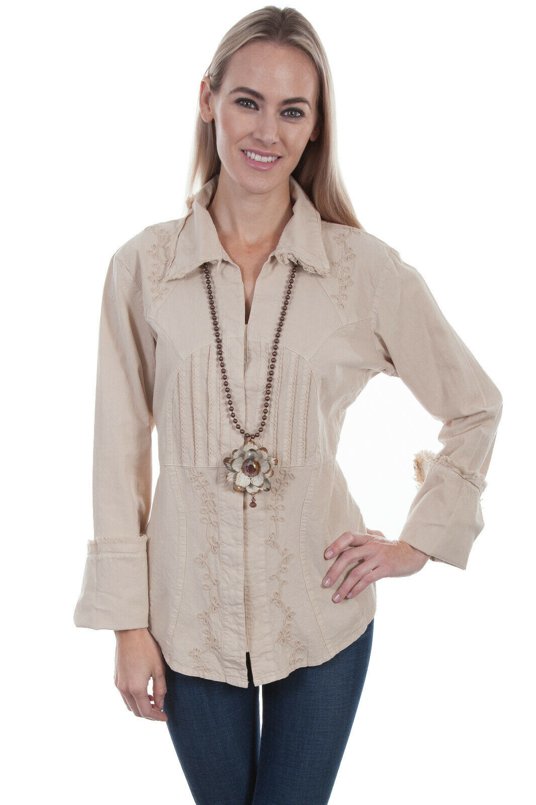 Scully Womens Khaki 100% Cotton Pleated Long Sleeve Blouse PSL-186