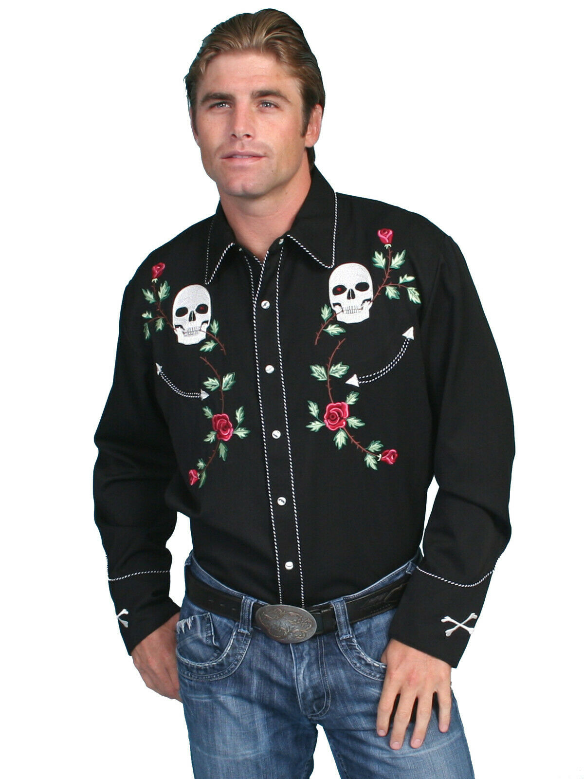 Scully Western Men's Polyester Long Sleeve Skull Roses Western Shirt P-771