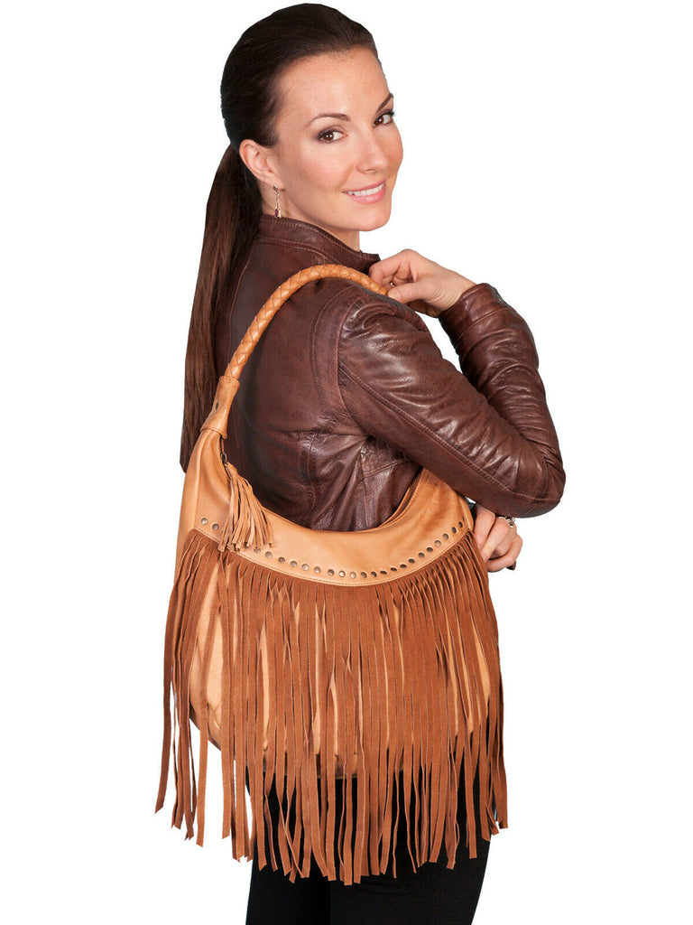 Scully Leather Handbag Womens Tan Soft Fringe Hobo Bag B71