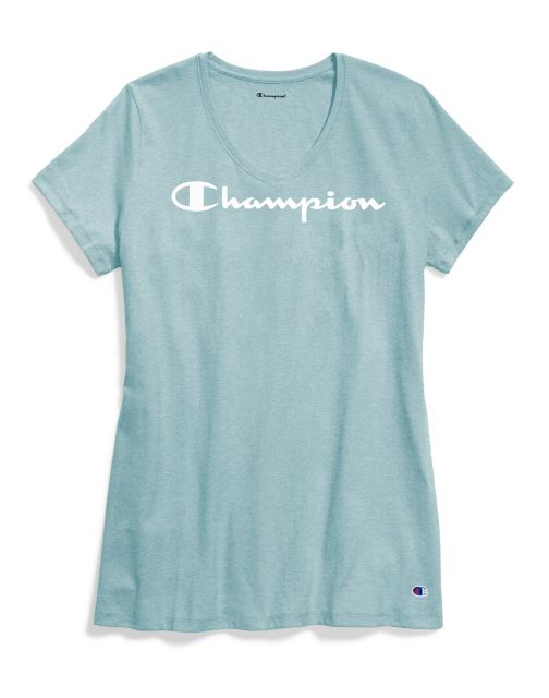 Champion Women's Jersey V-Neck Tee, White Logo W5006G Y07588