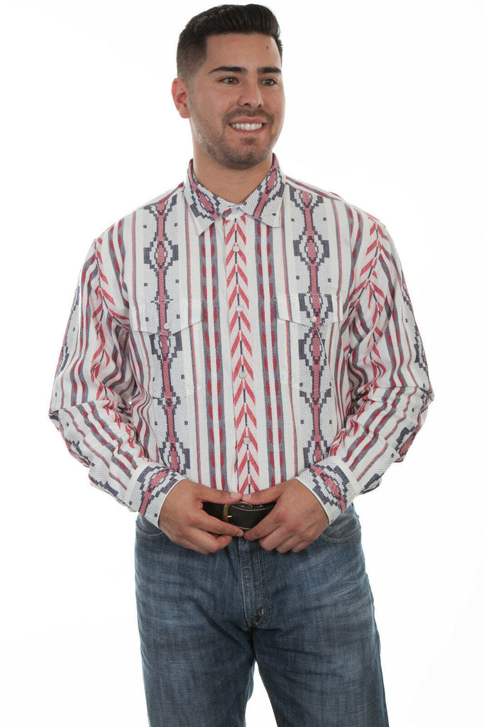 Scully Men's Red/White/Blue 100% Cotton Southwest Long Sleeve Shirt PS-224