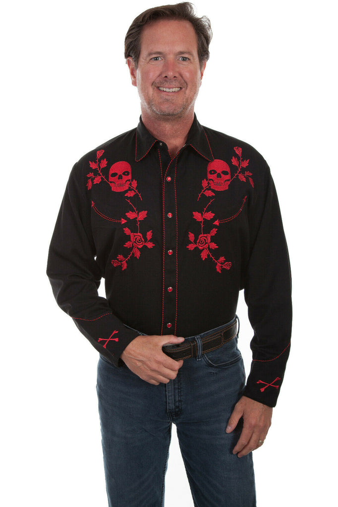 Scully Western Men's Polyester Long Sleeve Skull Roses Western Shirt P-771