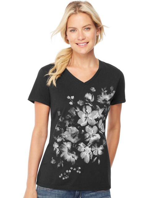 Hanes Women's Bleach Floral Cascade Short-Sleeve V-Neck Graphic T GT9337 Y06598