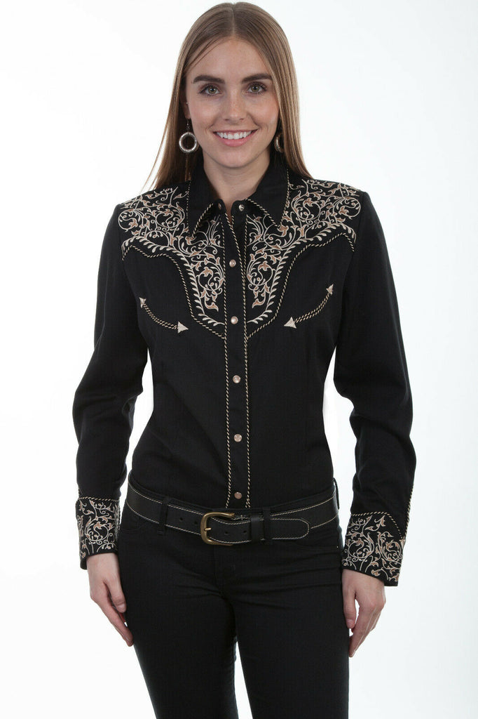 Scully Women's Poly/Rayon Scroll Long Sleeve Western Embroidered Blouse PL-866
