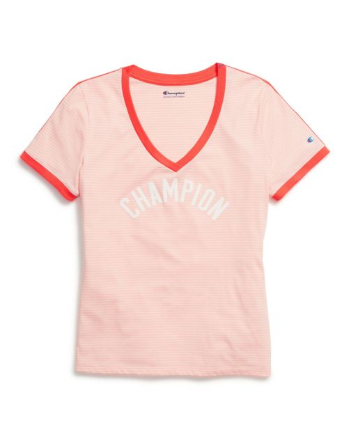 Champion Women's Heritage V-Neck Ringer Tee, Flocked Logo W4915 549934
