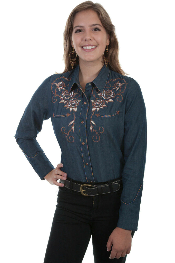 Scully Women's Denim Poly/Rayon Skull & Roses Long Sleeve Blouse PL-872