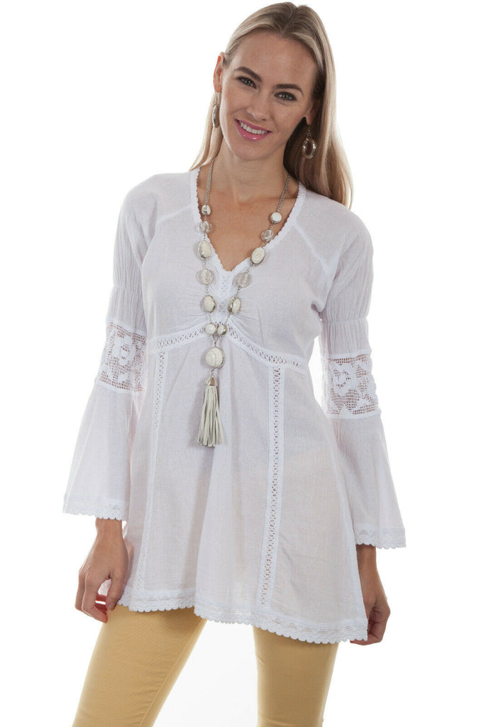 Scully Womens White 100% Cotton Empire Bell Long Sleeve Tunic PSL-224
