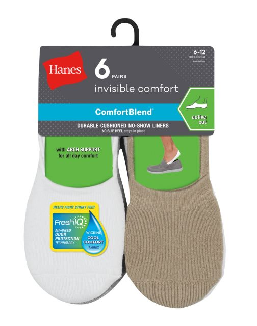 Hanes Men's ComfortBlend® Cushioned No-Show Liner Socks Active Cut 6-Pack IC26