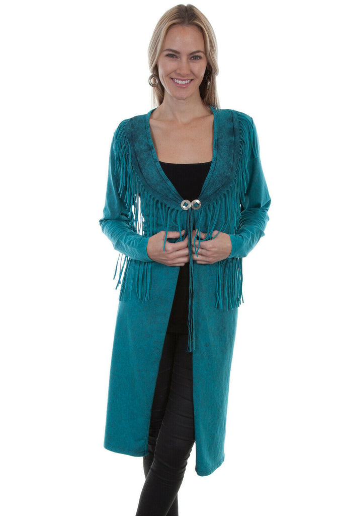 Scully Womens Turquoise Cotton Blend Fringe Duster  HC438