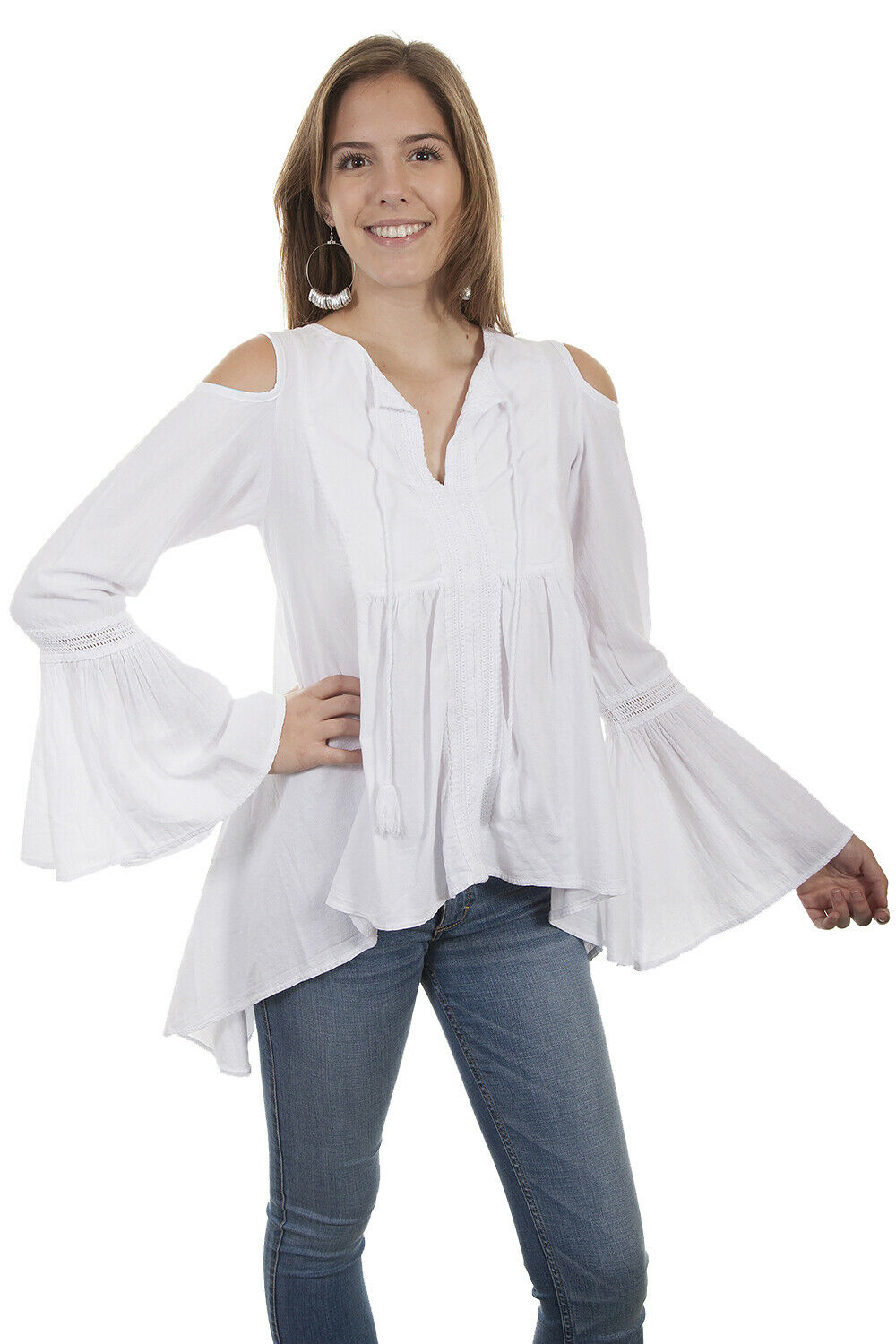 Scully Womens White 100% Cotton Hi/Lo Bib Long Sleeve Tunic PSL-230