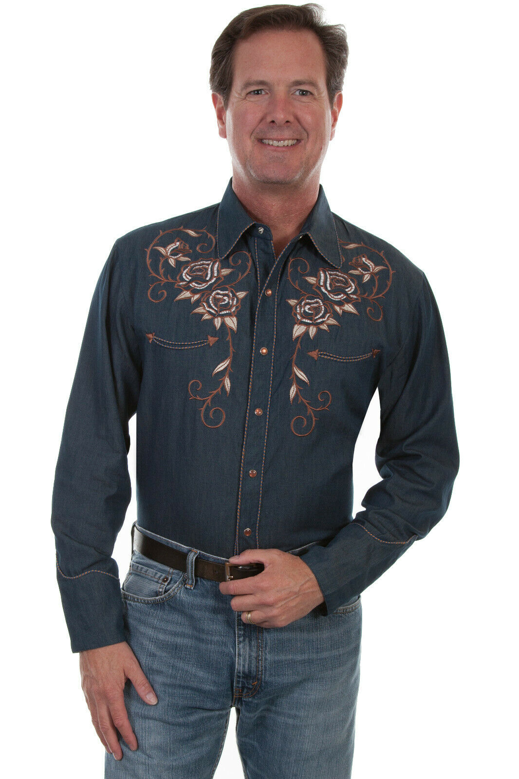 Scully Men's Poly/Rayon Roses Skull Long Sleeve Western Shirt P-877