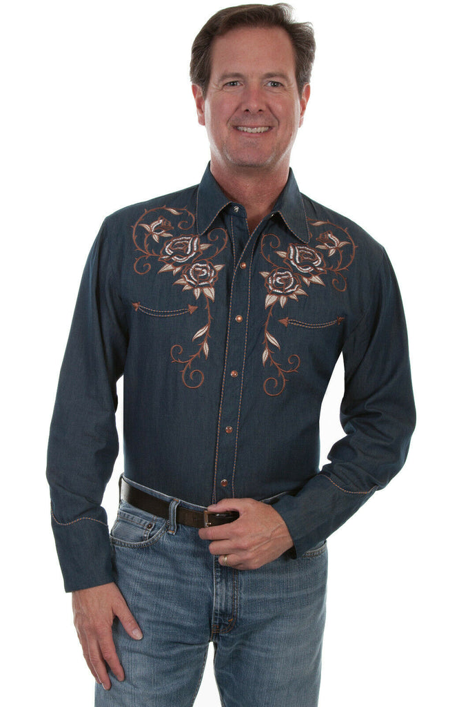 Scully Men's Poly/Rayon Roses Skull Long Sleeve Western Shirt P-877
