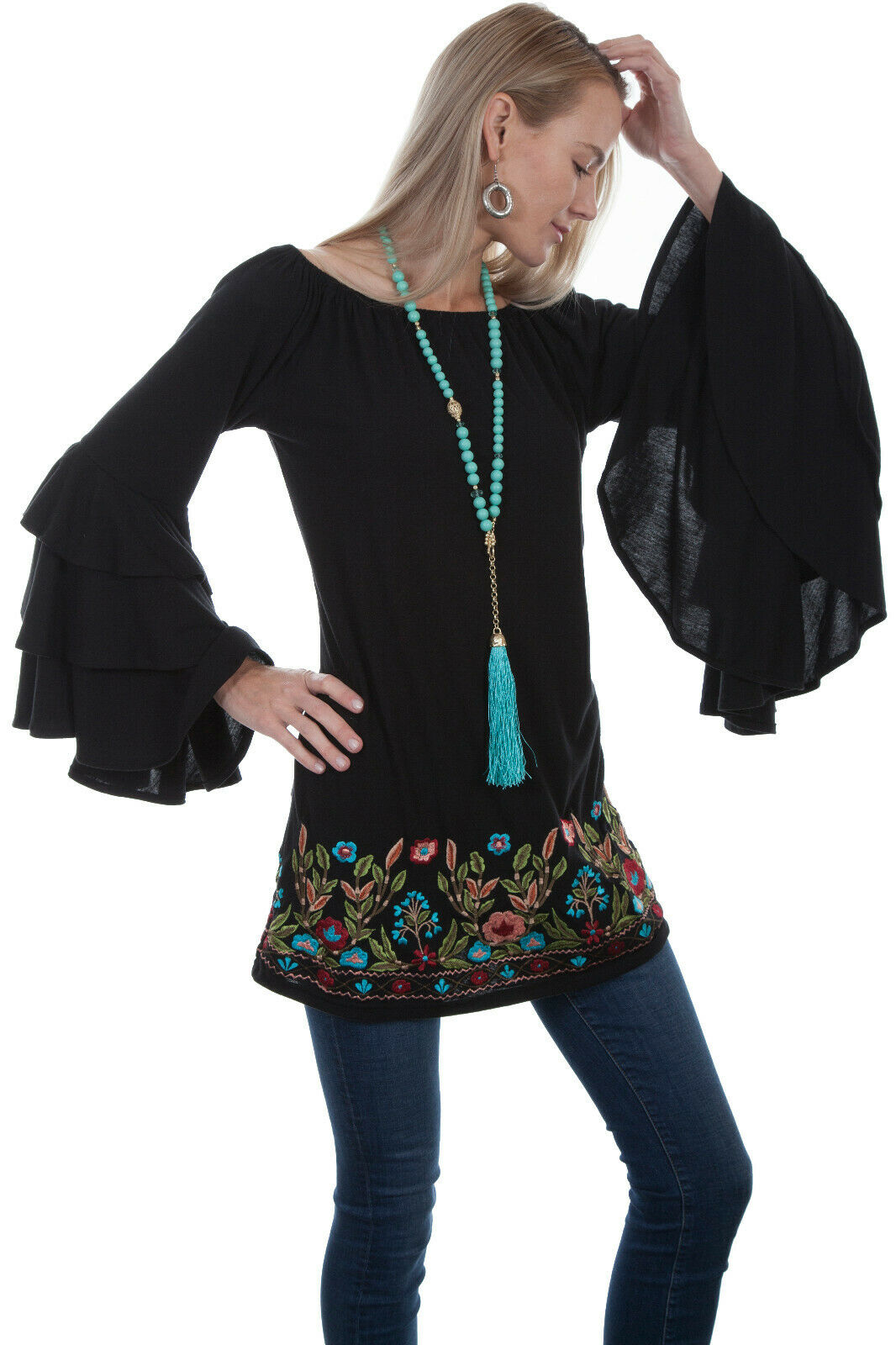 Scully Women's Viscose Spanish Ruffle Long Sleeve Tunic HC462