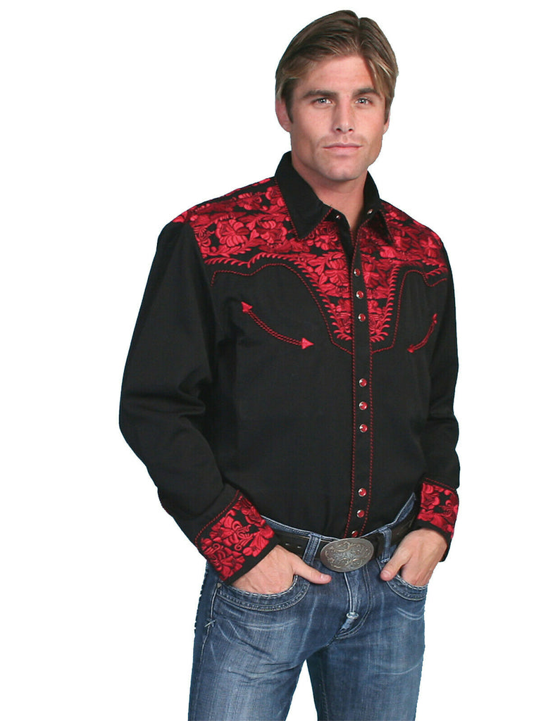 Scully Men's Western Shirt Poly Blend Floral Tooled Stitch Long Sleeve P-634