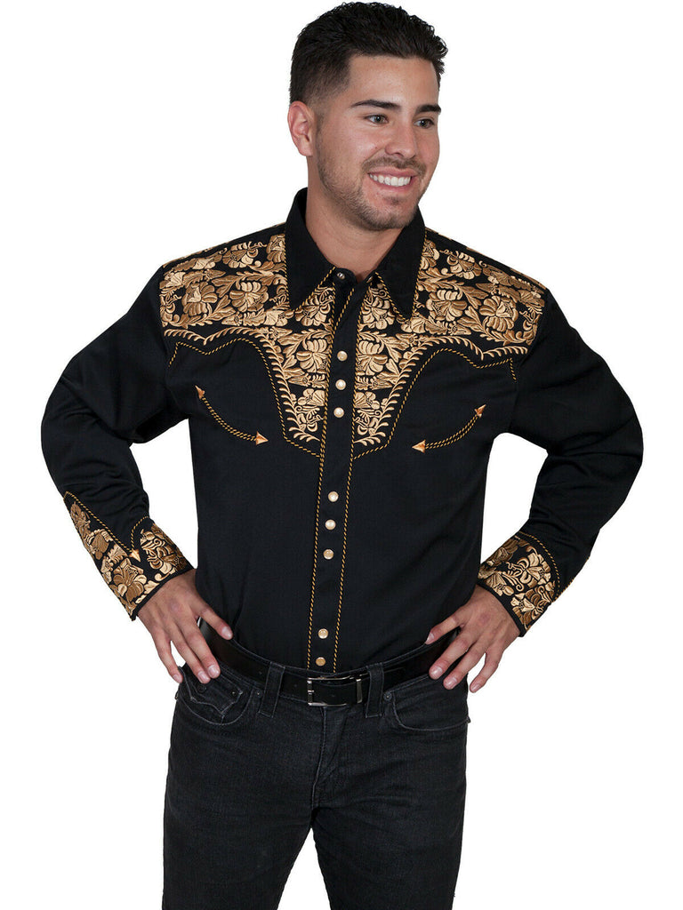 Scully Men's Western Shirt Poly Blend Floral Tooled Stitch Long Sleeve P-634