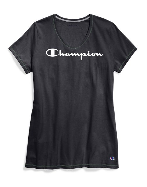 Champion Women's Jersey V-Neck Tee, White Logo W5006G Y07588