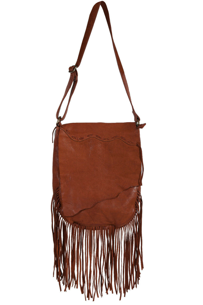 Scully Womens Tan Leather Pick Stitch Fringe Handbag B180