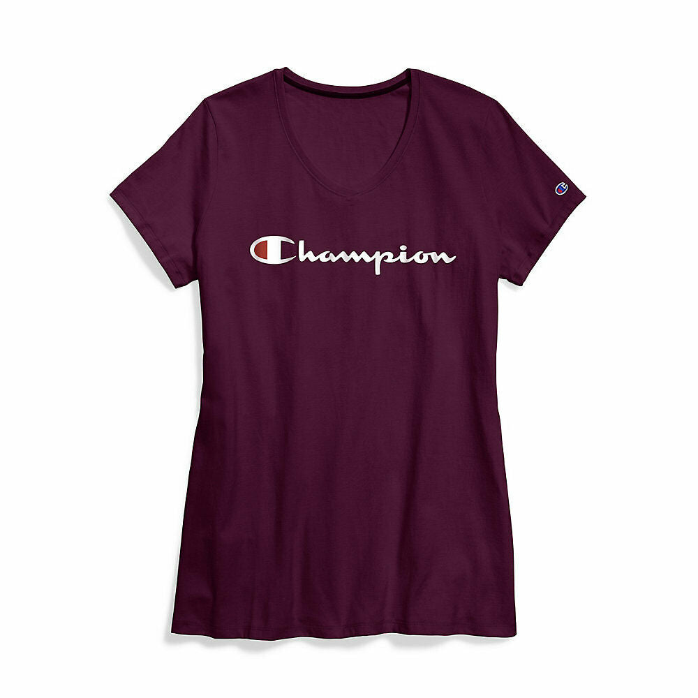 Champion Women Plus Jersey V-Neck Tee Graphic-Classic Script QW124G Y07245