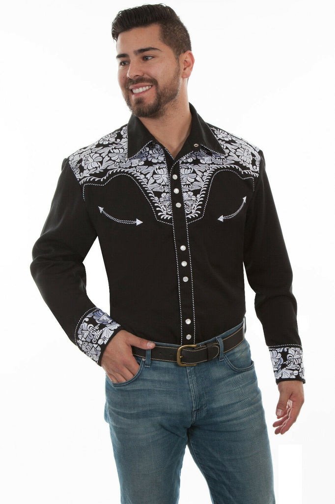 Scully Men's Western Shirt Poly Blend Floral Tooled Stitch Long Sleeve P-634