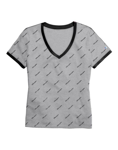 Champion Women's Heritage V-Neck Ringer Tee, All-Over Logo W4915