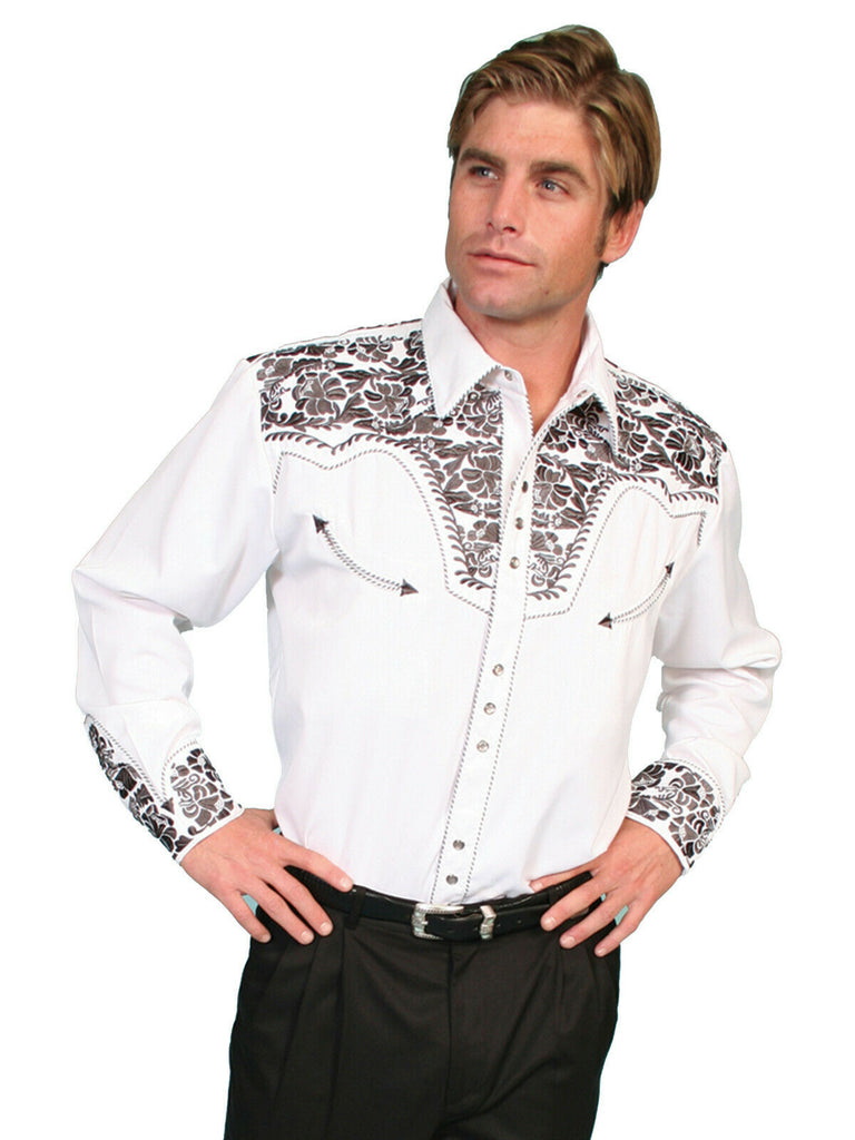 Scully Men's Western Shirt Poly Blend Floral Tooled Stitch Long Sleeve P-634