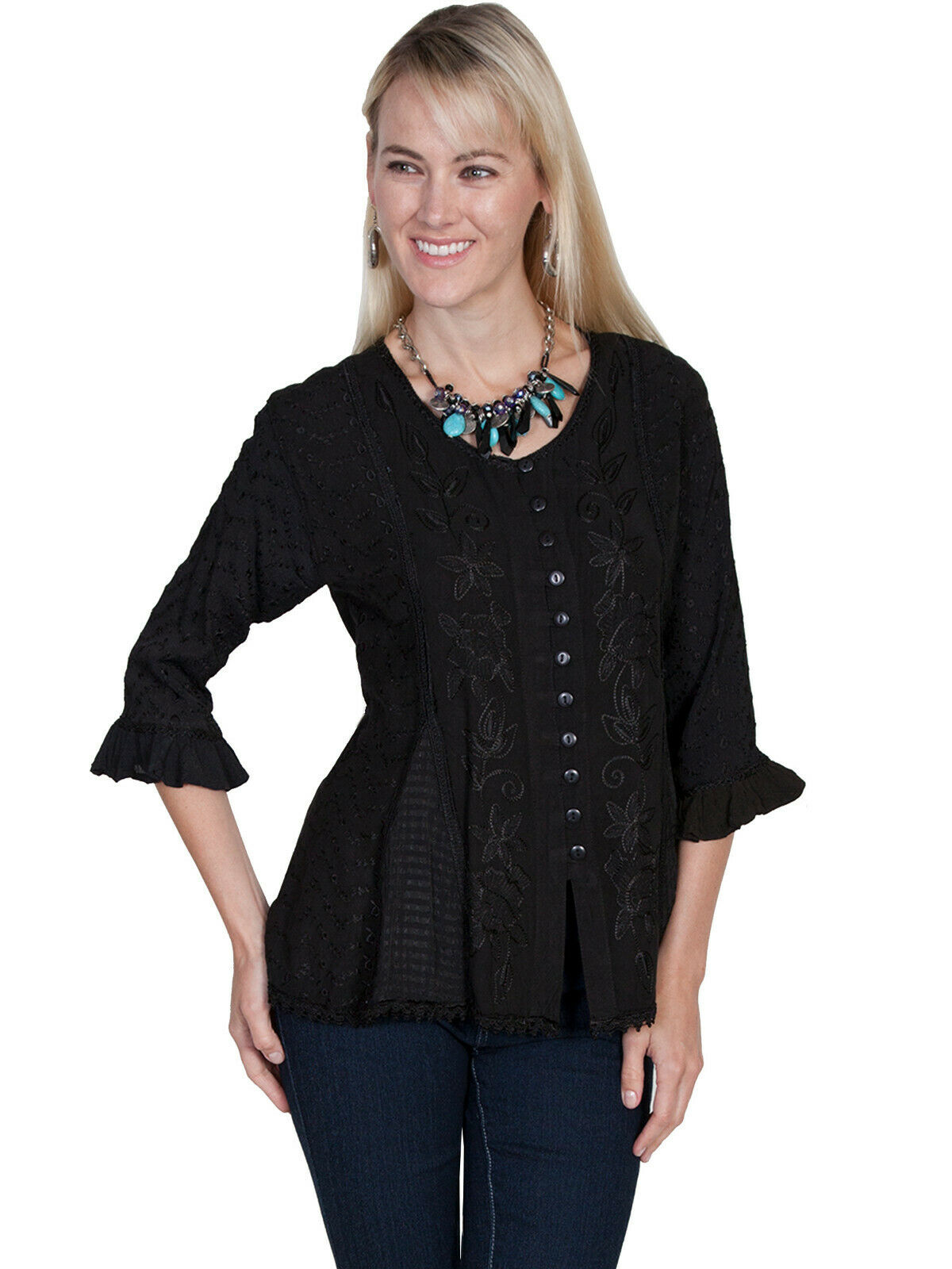 Scully Women's Blouse Embroidered 3/4 Sleeve HC67