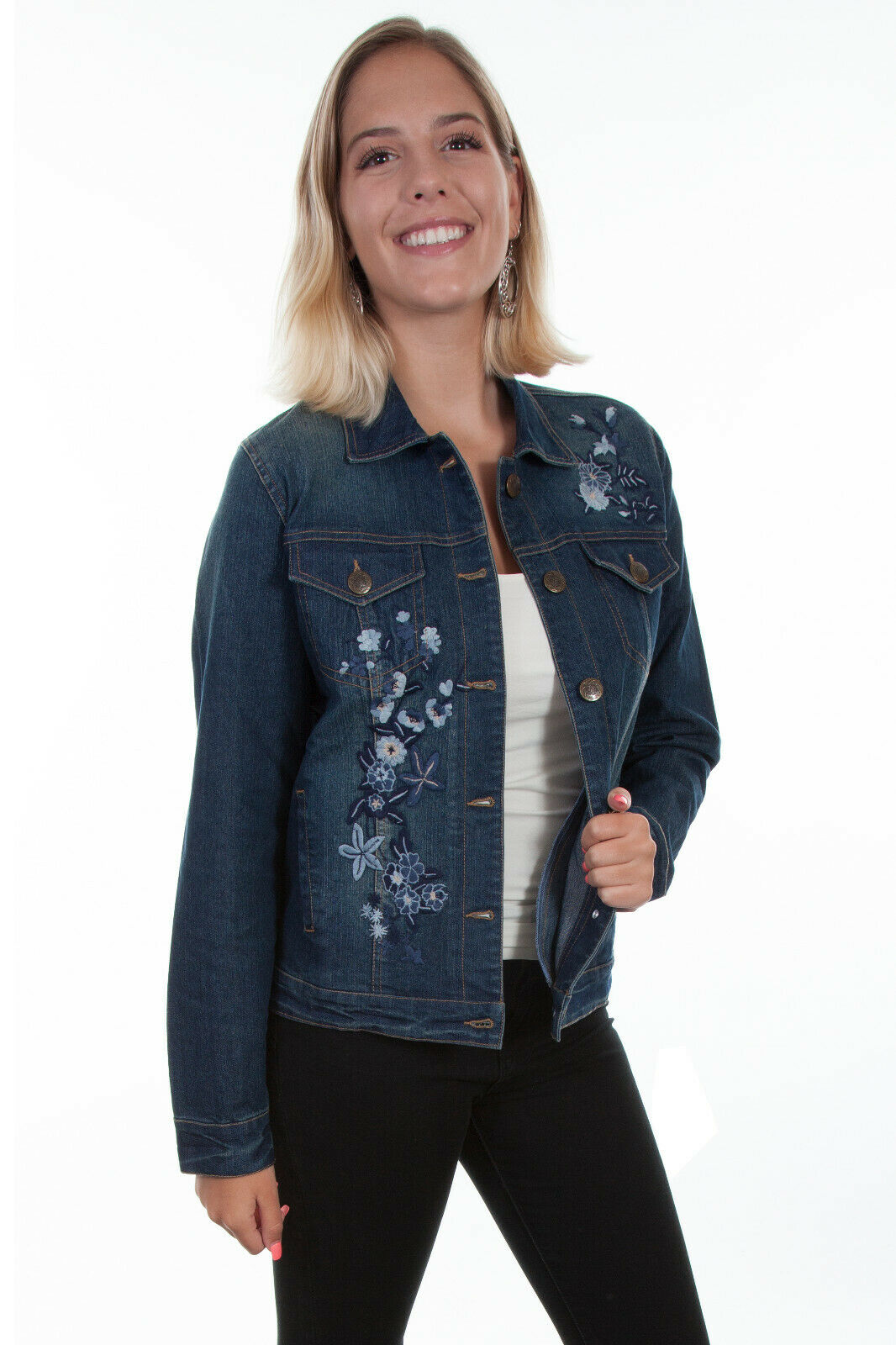 Scully Women's Denim Cotton Blend Floral Tone Denim Jacket HC466
