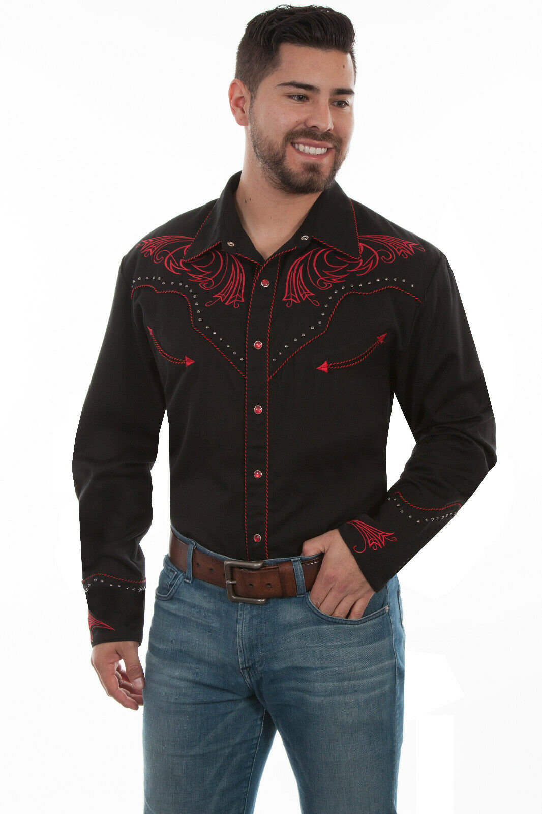 Scully Men's Poly/Rayon Red Scroll Long Sleeve Embroidered Western Shirt P-876
