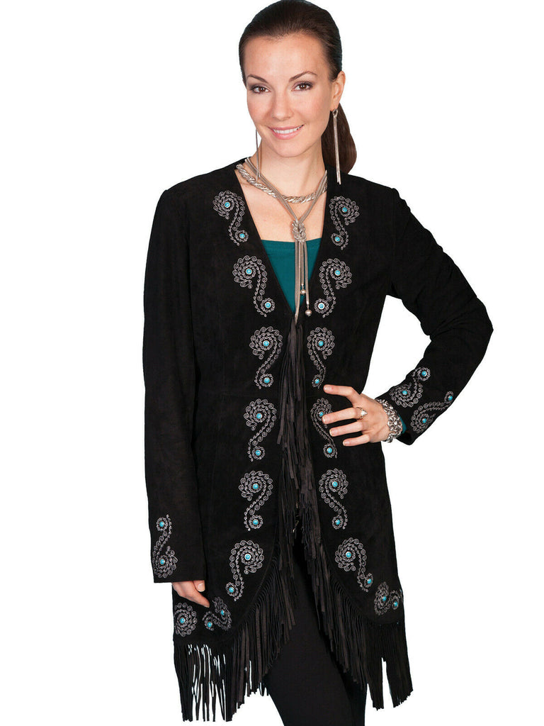 Scully Leather Women's Fringe Silver Stitch Studded Boar Suede Jacket L165