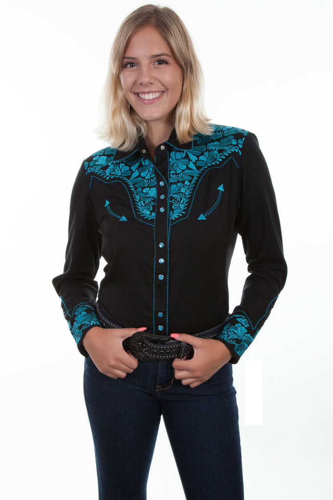Scully Western Women's Polyester L/S Floral Stitch Western Shirt PL-654