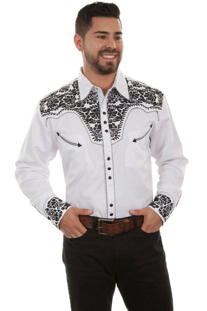 Scully Men's Western Shirt Poly Blend Floral Tooled Stitch Long Sleeve P-634