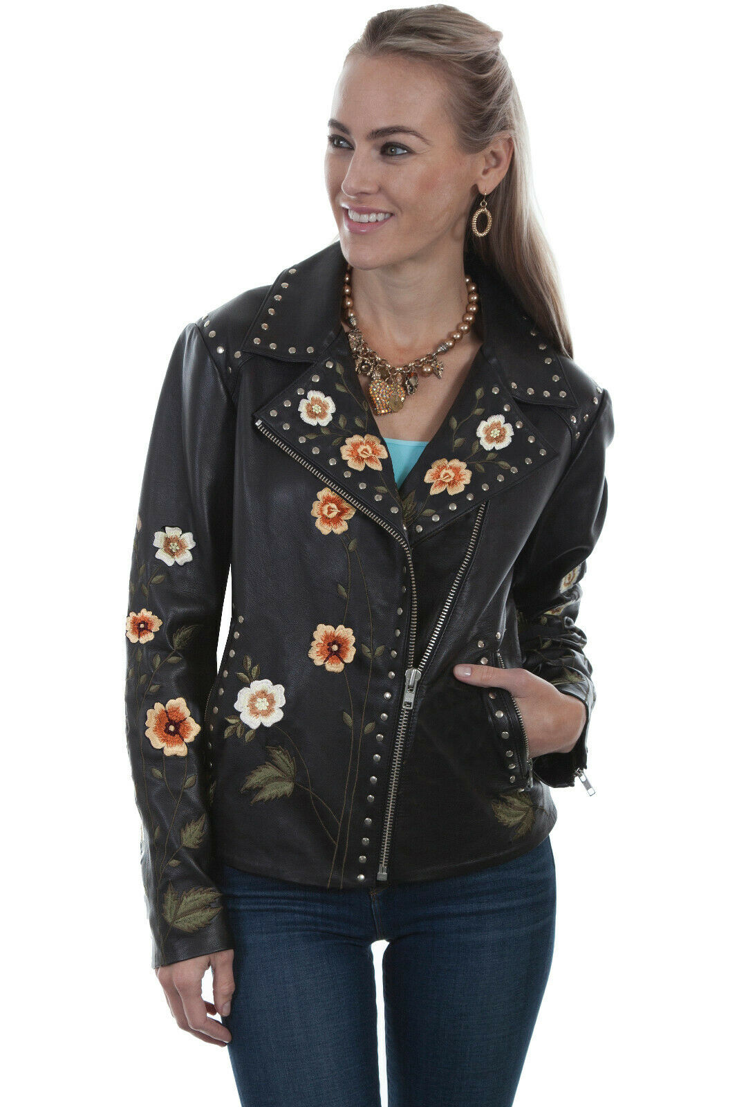 Scully Women's Black Lambskin Floral Embroidered Jacket L348