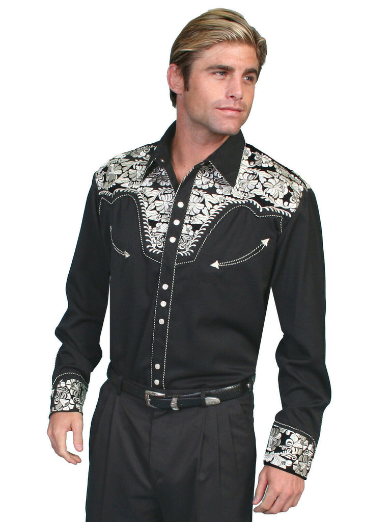 Scully Men's Western Shirt Poly Blend Floral Tooled Stitch Long Sleeve P-634