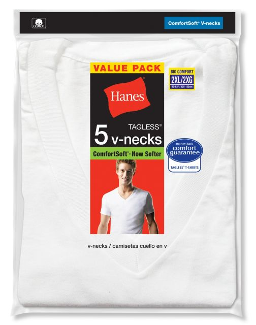 Hanes Men's TAGLESS® V-Neck Undershirt 5-Pack (2X-3X) 777P5