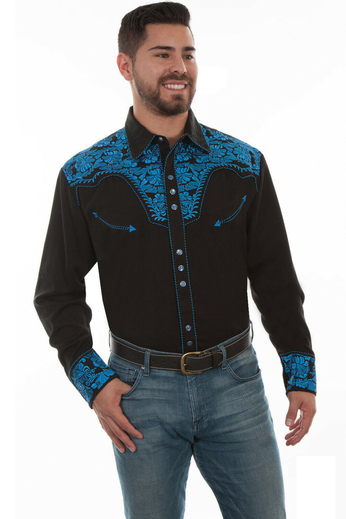 Scully Men's Western Shirt Poly Blend Floral Tooled Stitch Long Sleeve P-634