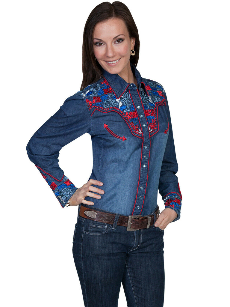 Scully Western Women's Denim Polyester L/S Multi-Floral Western Shirt PL-654C