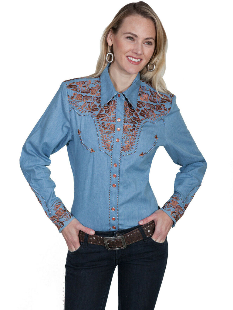 Scully Western Women's Polyester L/S Floral Stitch Western Shirt PL-654