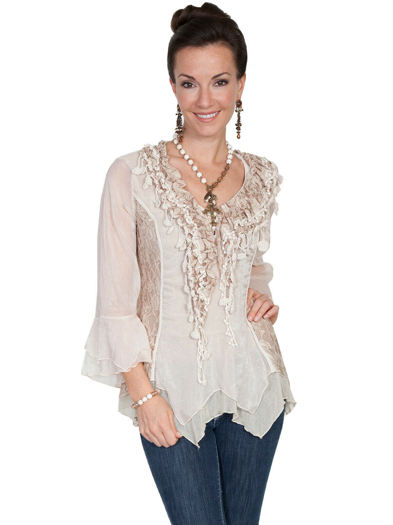 Scully Honey Creek Women's 3/4 Sleeve Lace Ruffle Blouse HC179
