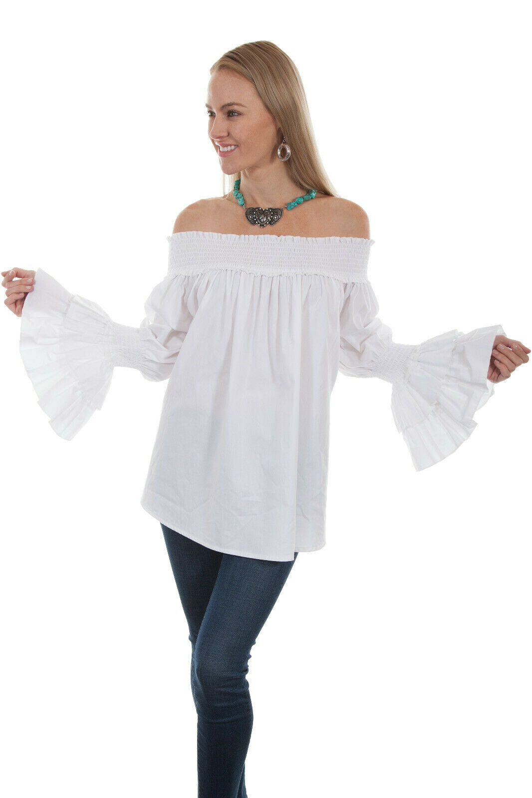 Scully Womens 100% Cotton Smocked Long Sleeve Blouse HC427