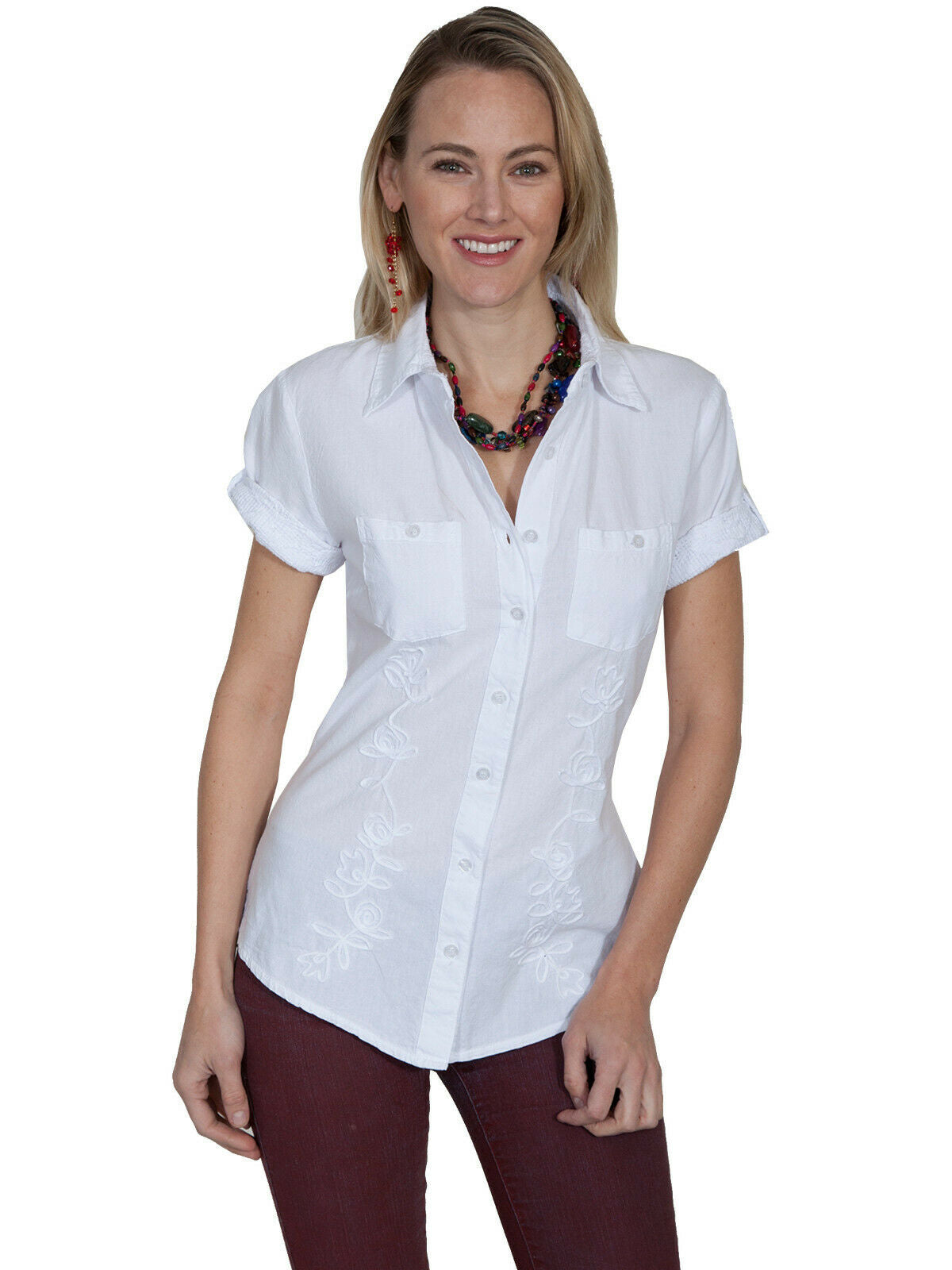 Scully Womens White 100% Cotton Soutache Short Sleeve Blouse PSL-181