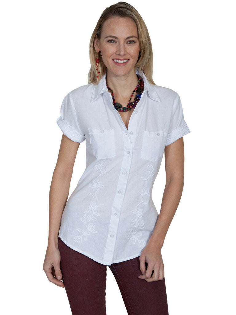 Scully Womens White 100% Cotton Soutache Short Sleeve Blouse PSL-181