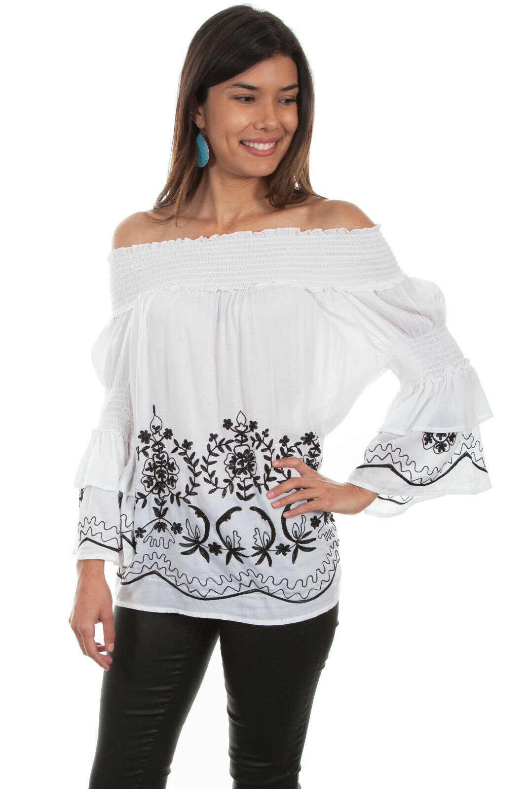 Scully Women's White Floral Vine Long Sleeve Blouse HC533