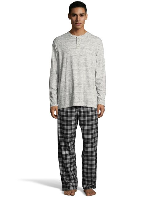 Hanes Men's Henley Crew with Flannel Pant PJ Set 3003B