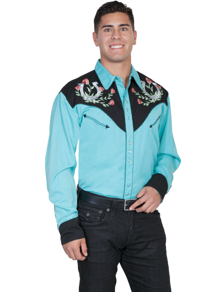 Scully Men's Shirt Western Poly Blend Horseshoe Rose Stitch Long Sleeve P-660